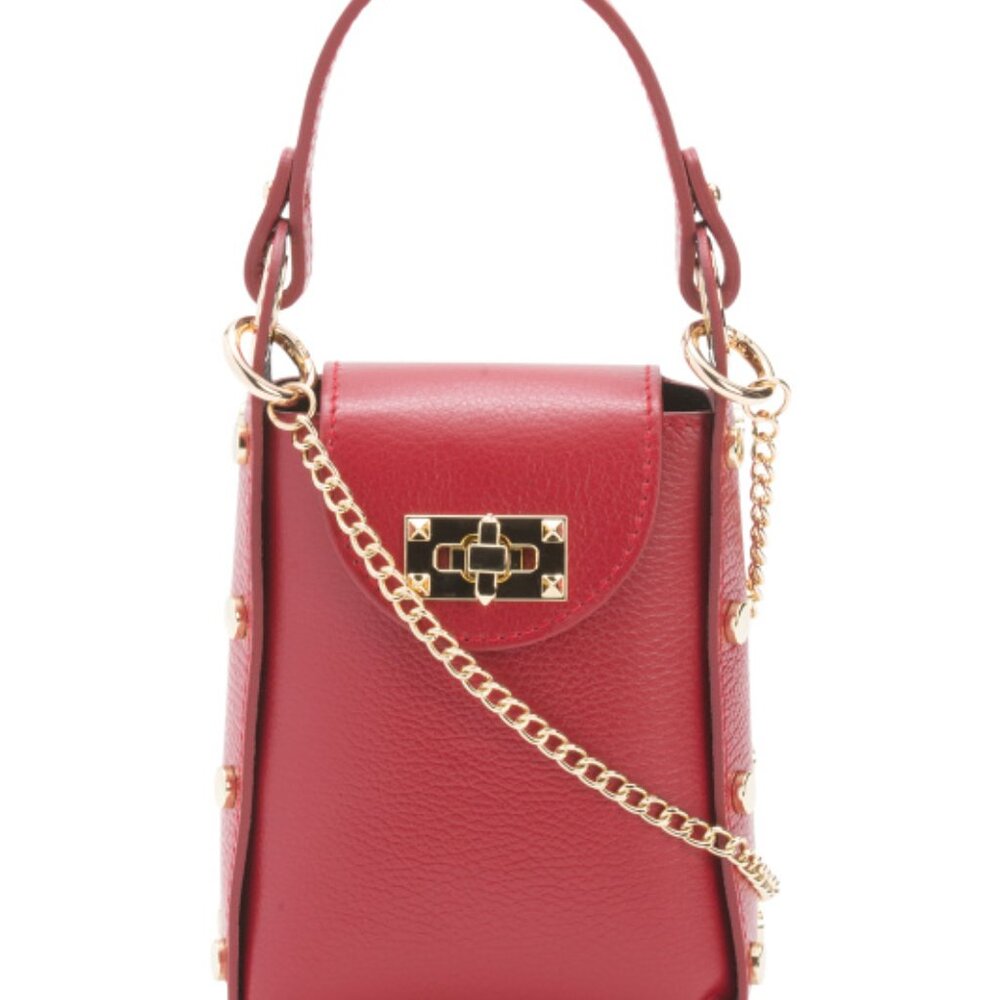 ANNA PAOLA Crossbody Cellphone Bag Leather Gold Chain Strap, Studs Italy NWT